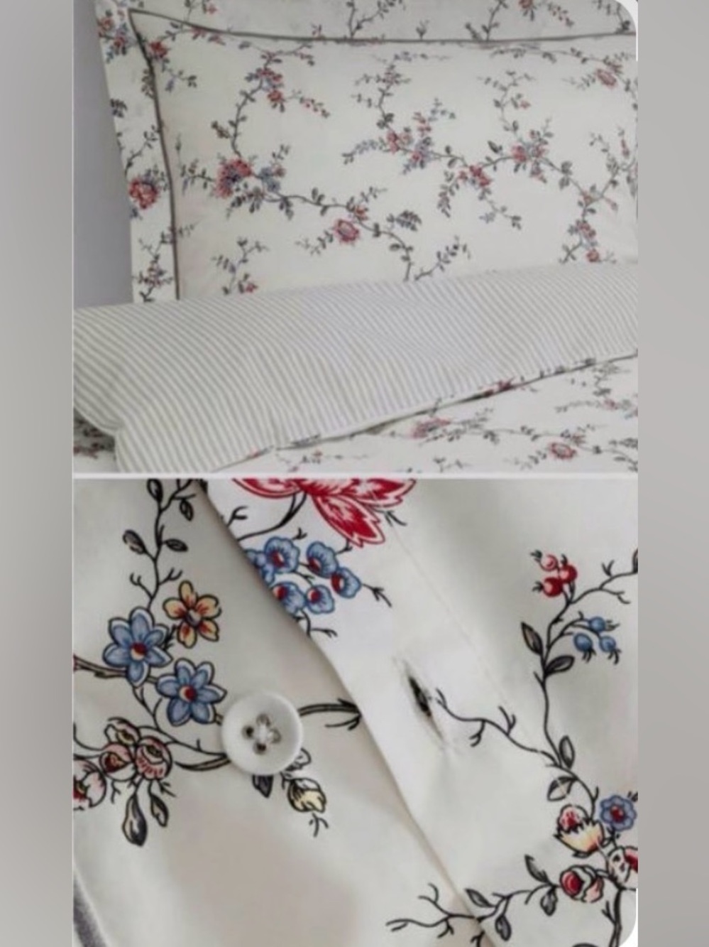 Ikea Stenort Queen Cotton Duvet Cover Reversible White Floral Ticking Stripe